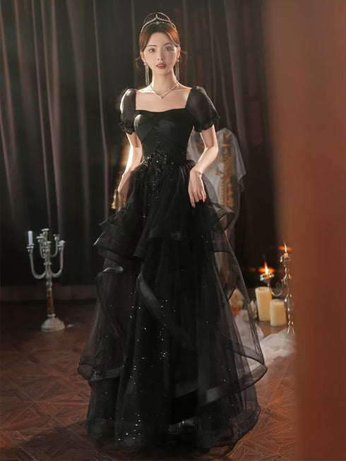 Black A-line Tulle Short Sleeves Layers Long Formal Dress, Black Tulle Prom Dress